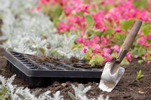 Expert garden landscapers at work enhancing patio beauty