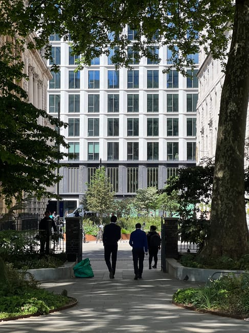 A city courtyard with mature trees and well-maintained garden beds featuring lush green foliage and small shrubs. The paved pathway leading into the courtyard is framed by curved flower borders, with